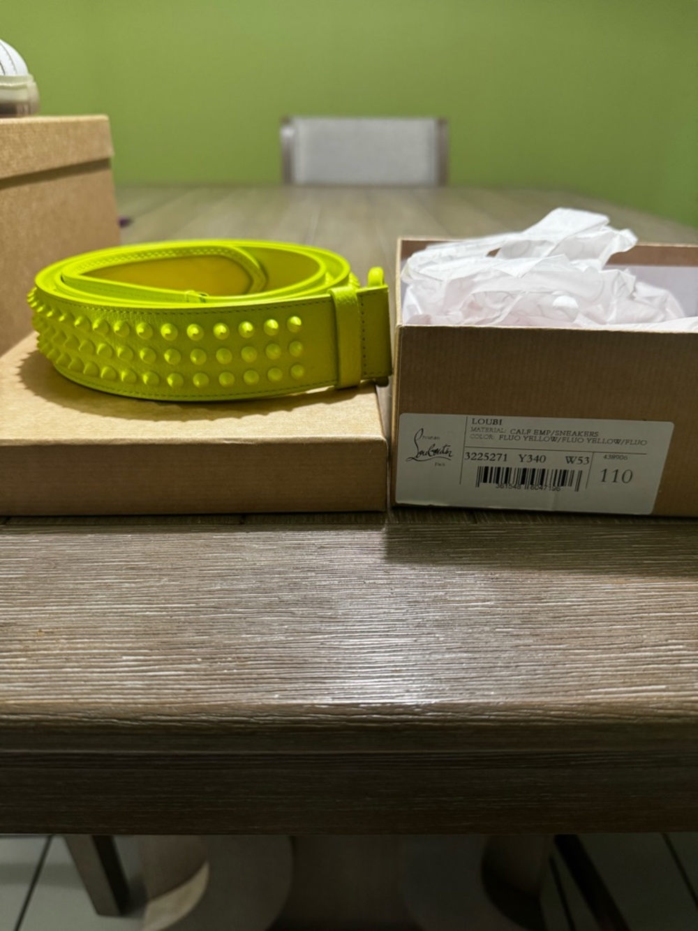 Christian Louboutin Spiked Belt Fluo lime Yellow Neon Calf Leather Size 110 NEW